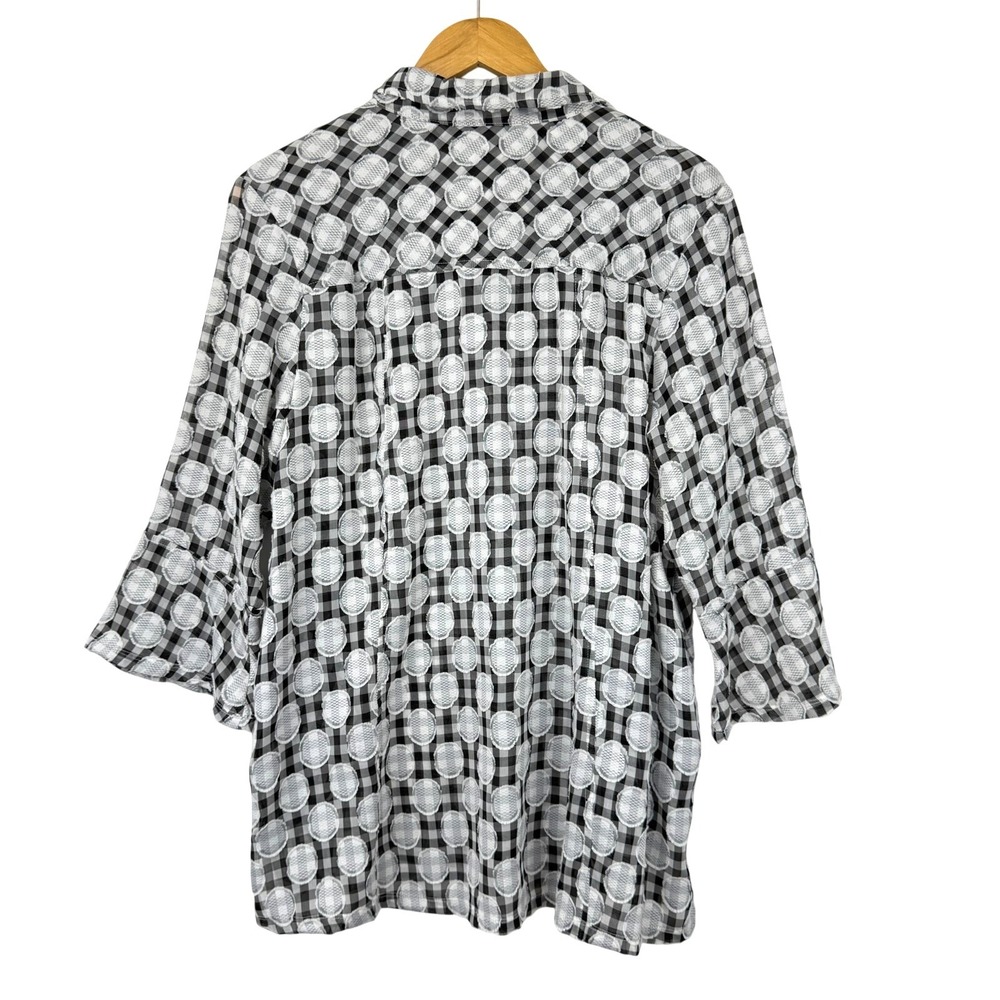 Erin London Blouse Size L Black White Burnout Polka Dot Sheer Button Up Pockets - Picture 3 of 9